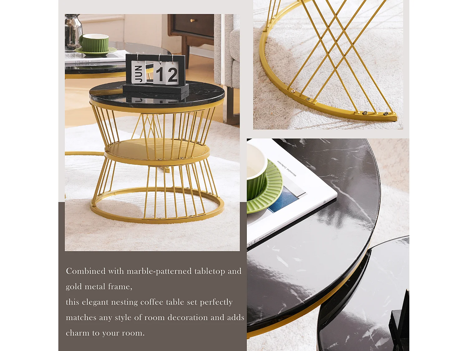 URBAN MEUBLE Ensemble table basse rondes gigogne haute brillance effet marbre noir structure couleur dorée