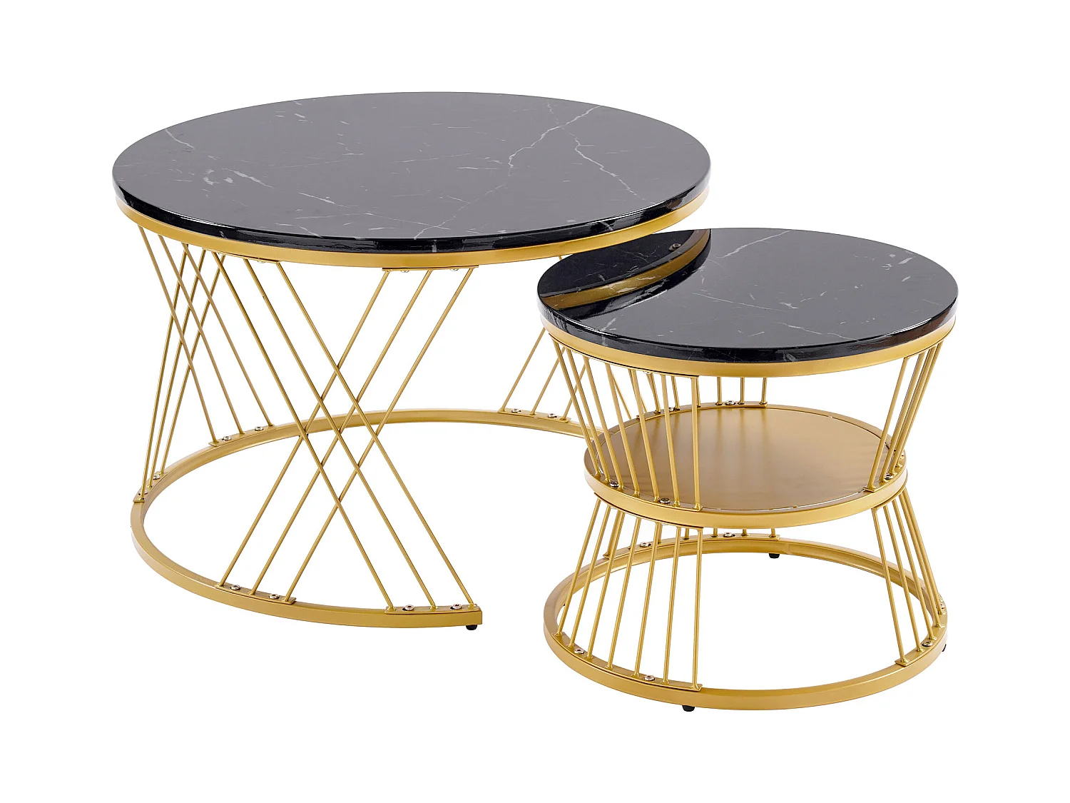 Ensemble table basse rondes gigogne haute brillance effet marbre noir structure couleur dorée KHED