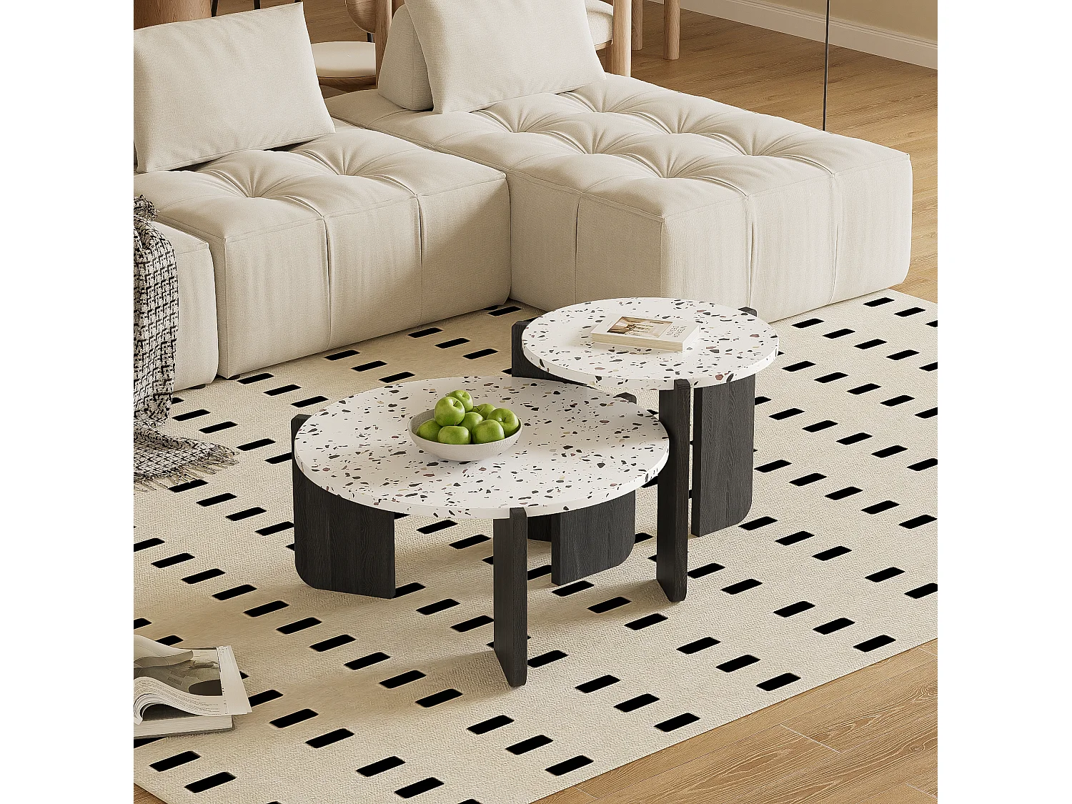Ensemble de 2 tables basses gigognes moderne blanc et pieds noirs QEGZA BLACK