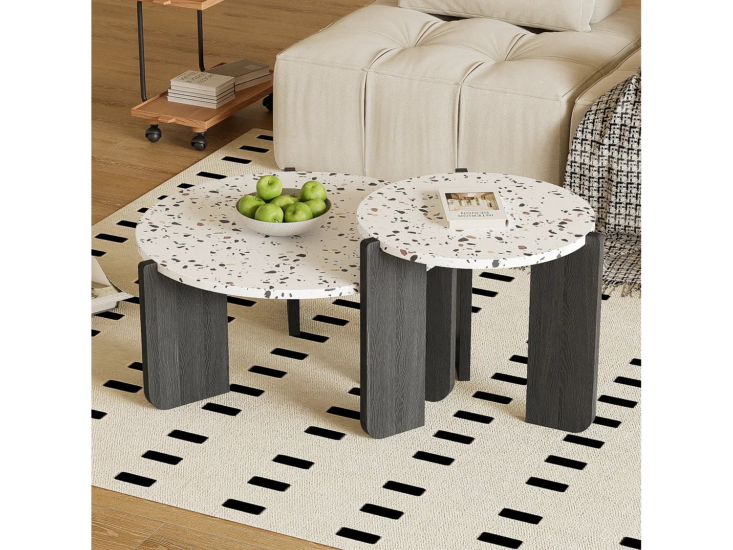Ensemble de 2 tables basses gigognes moderne blanc et pieds noirs QEGZA BLACK