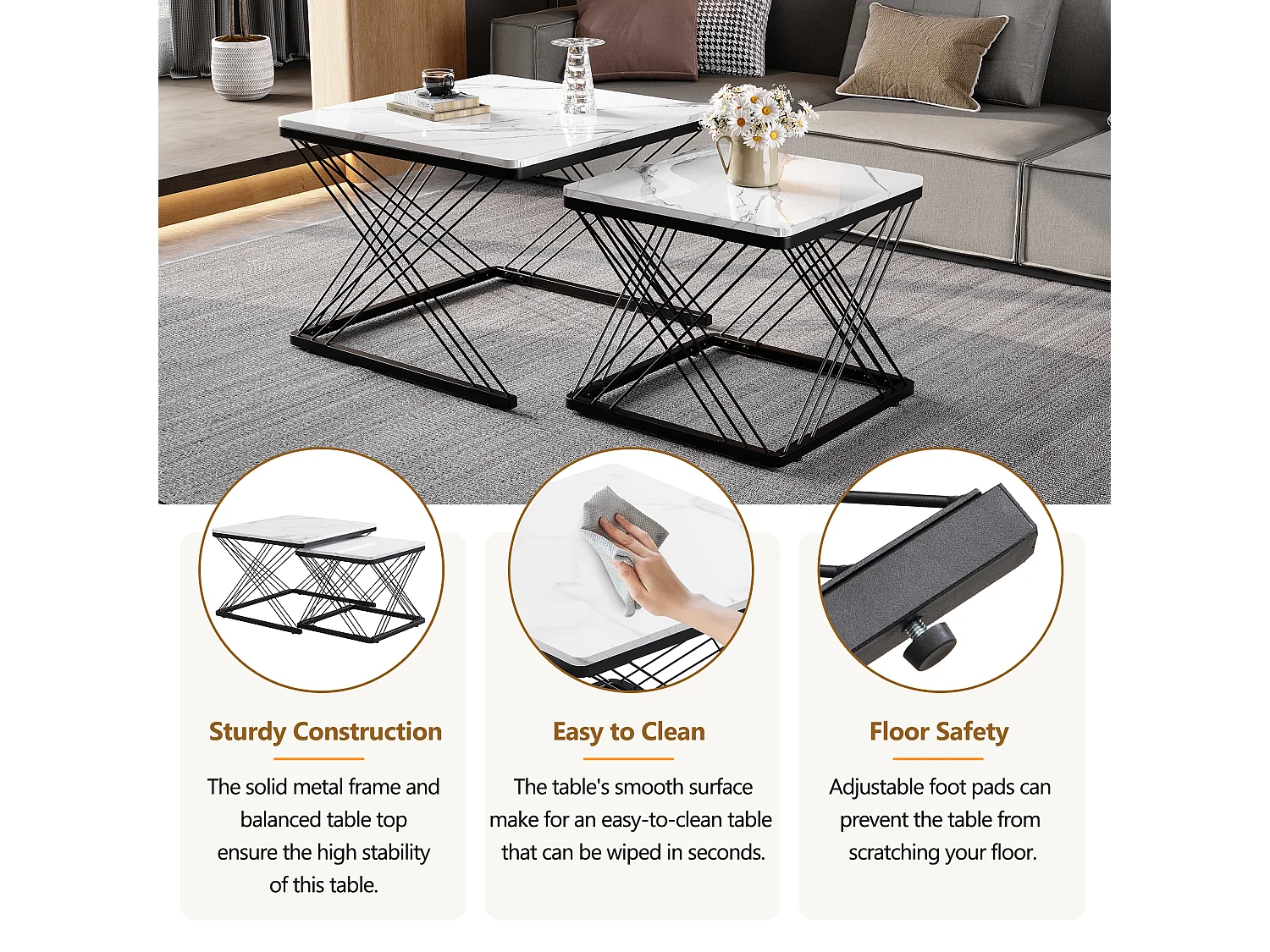 URBAN MEUBLE Ensemble de 2 tables basses gigognes élégantes effet marbre brillant