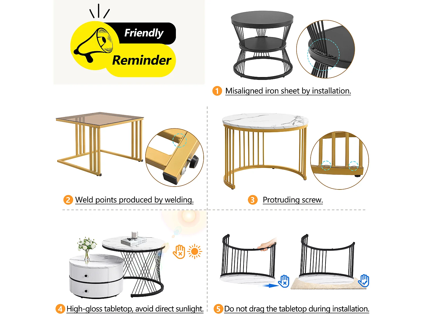 URBAN MEUBLE Ensemble de 2 tables basses gigognes élégantes effet marbre brillant