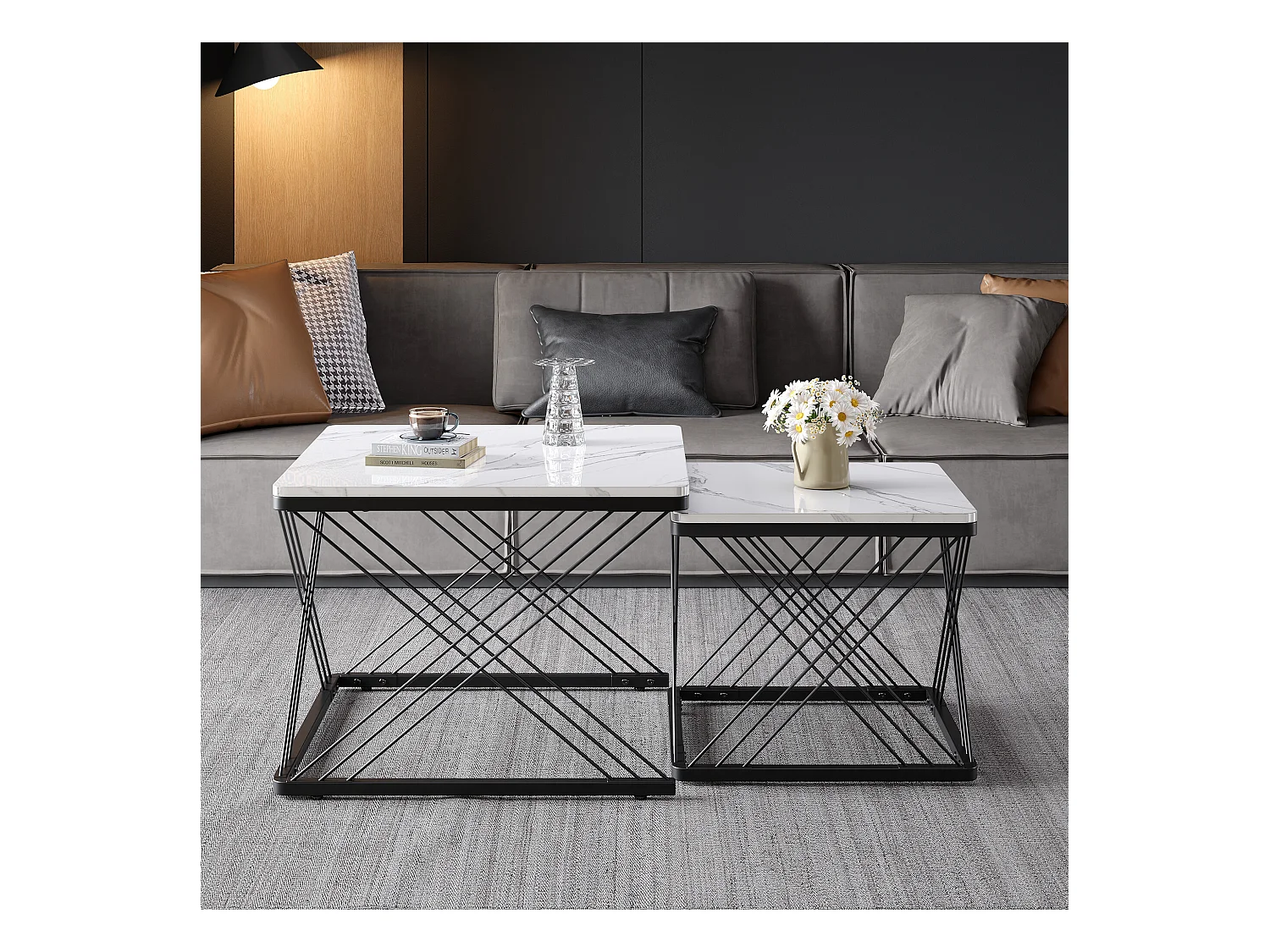 URBAN MEUBLE Ensemble de 2 tables basses gigognes élégantes effet marbre brillant