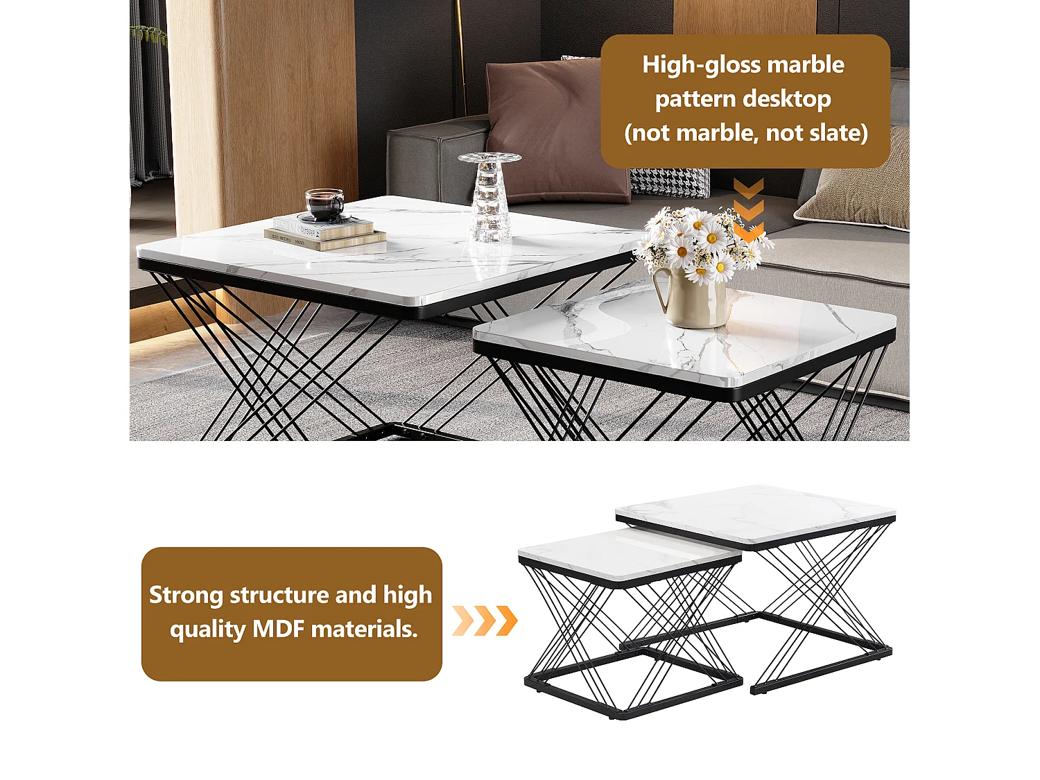 URBAN MEUBLE Ensemble de 2 tables basses gigognes élégantes effet marbre brillant