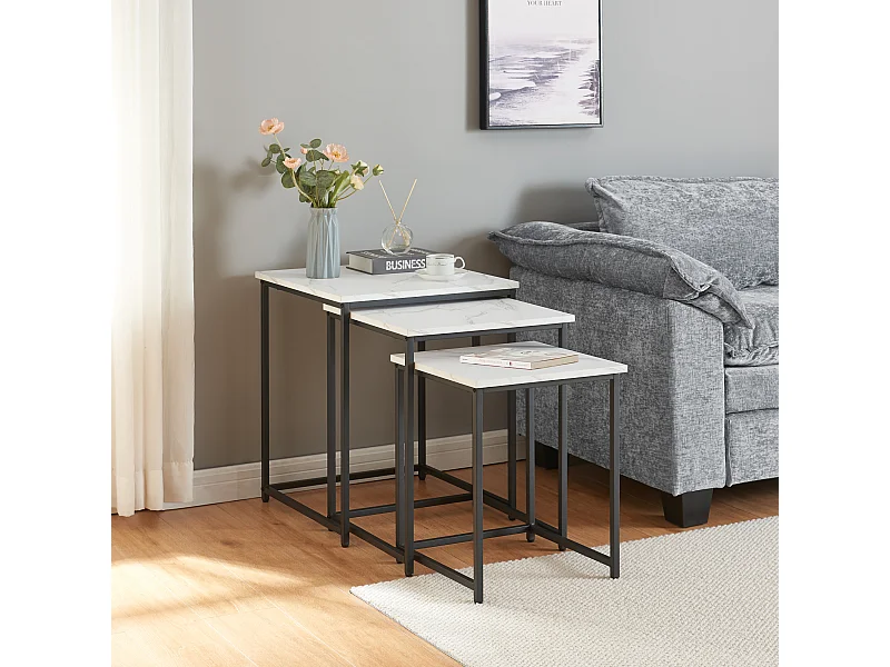 Lot de 3 tables basses gigognes Trollhättan noir effet marbre blanc [en.casa]