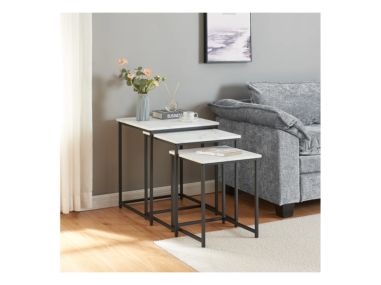 Lot de 3 tables basses gigognes Trollhättan noir effet marbre blanc [en.casa]
