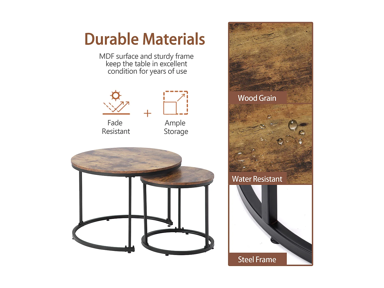 URBAN MEUBLE Ensemble de 2 tables basses gigognes rondes effet bois noyer style industriel