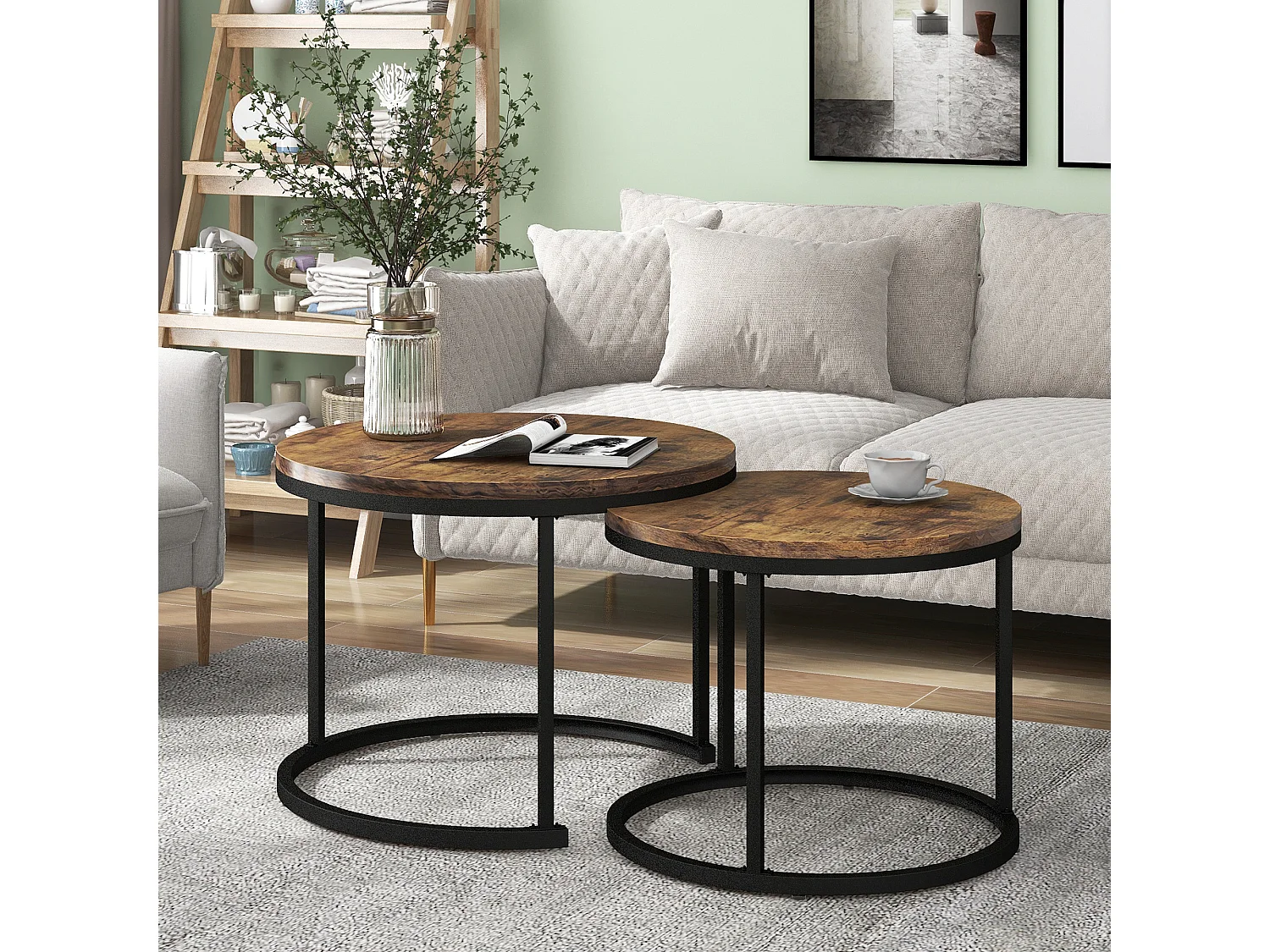 URBAN MEUBLE Ensemble de 2 tables basses gigognes rondes effet bois noyer style industriel