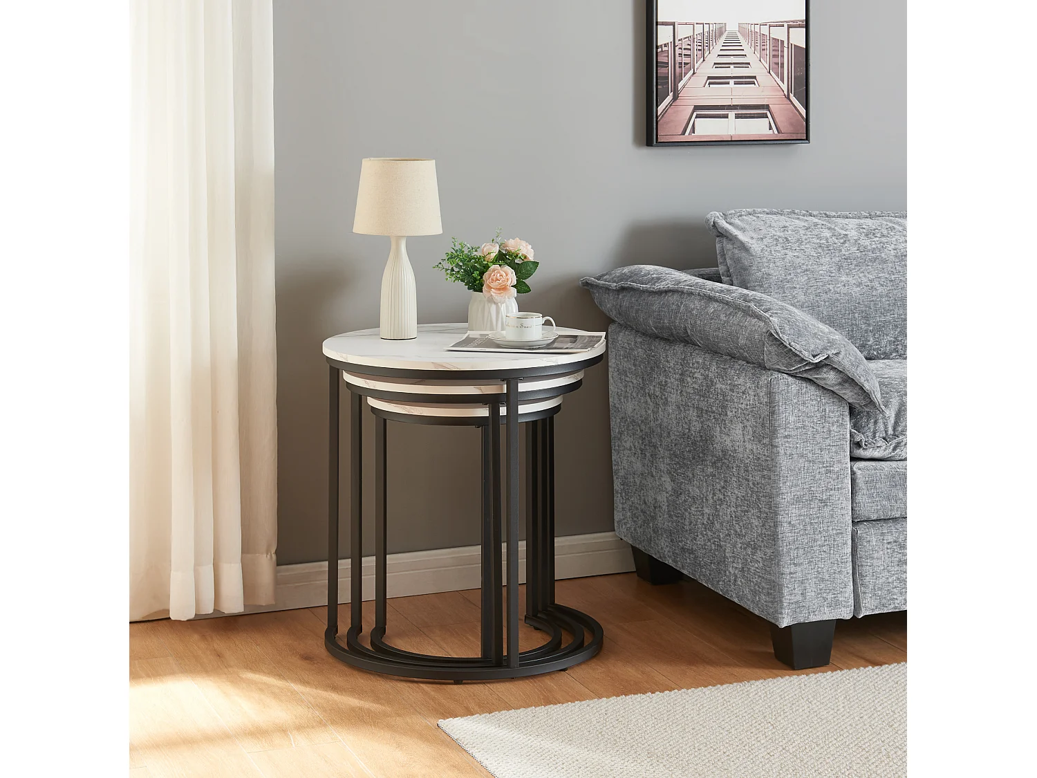 Lot de 3 tables basses gigognes Ulricehamn noir effet marbre blanc [en.casa]