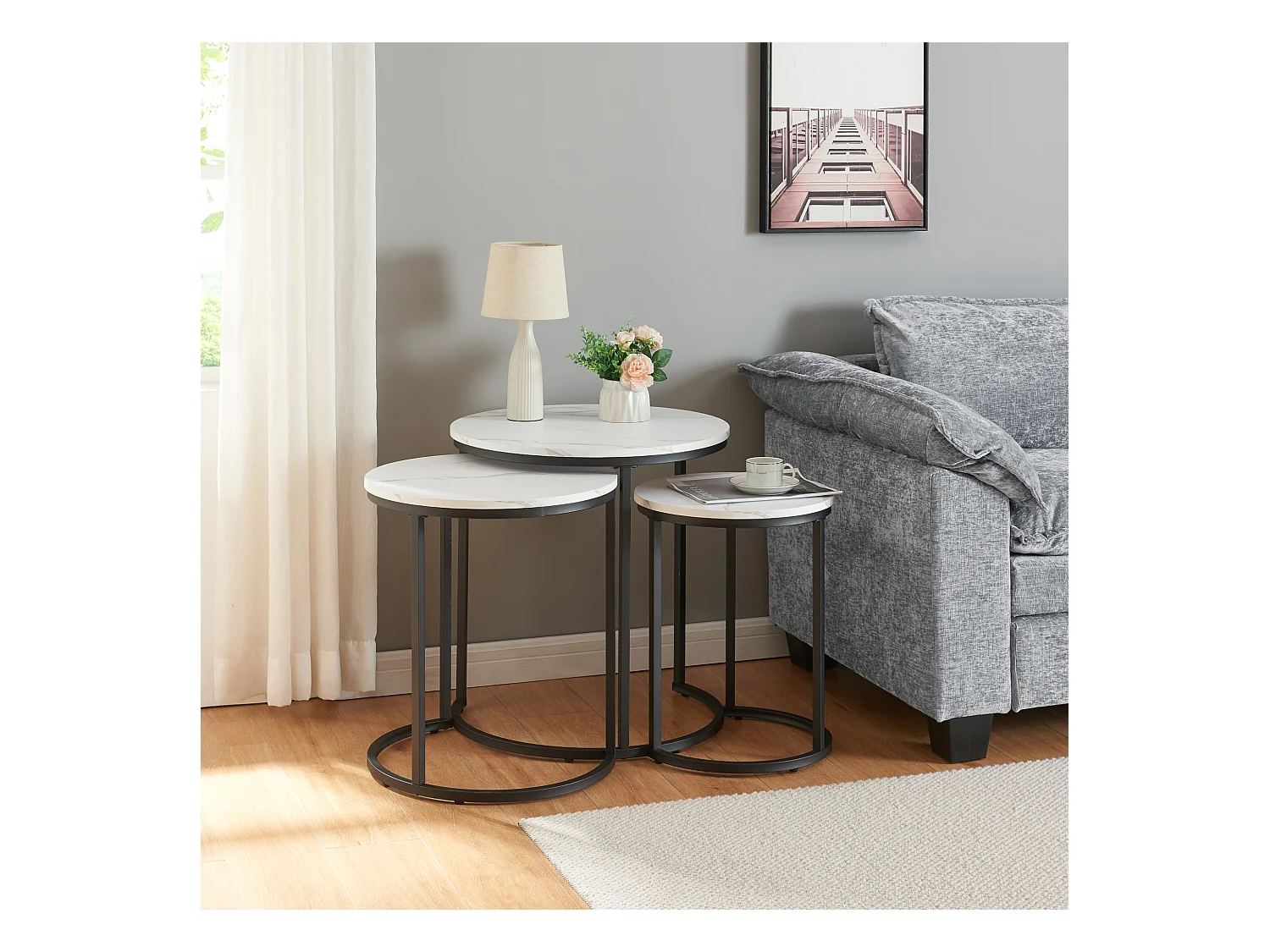 Lot de 3 tables basses gigognes Ulricehamn noir effet marbre blanc [en.casa]