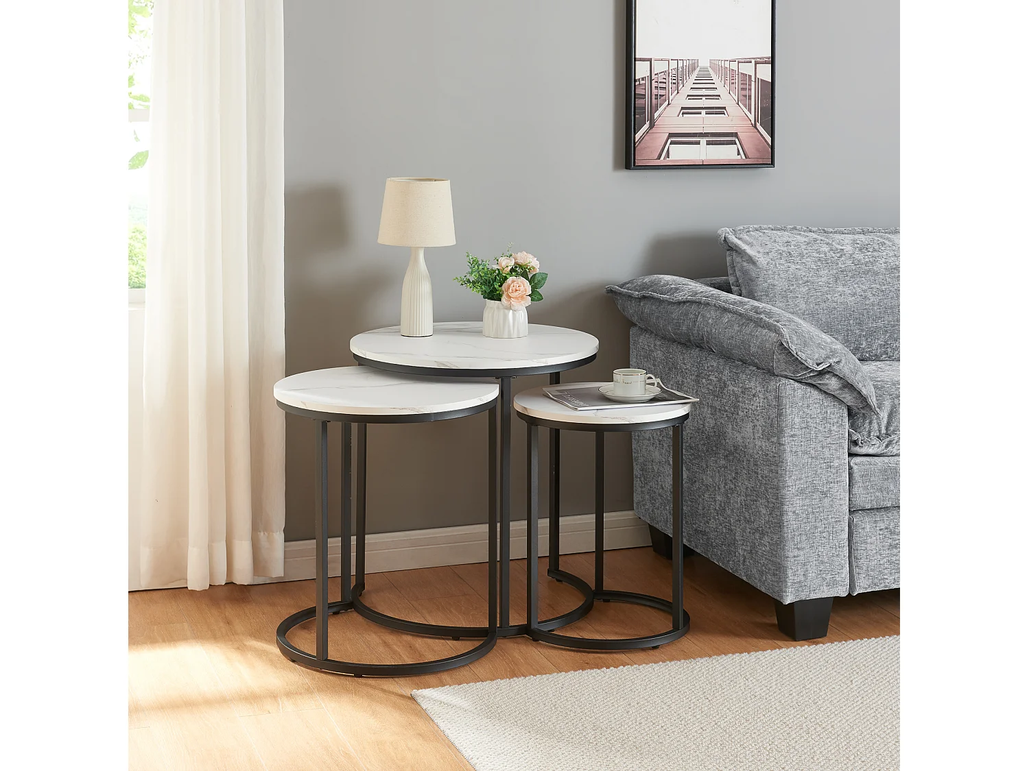 Lot de 3 tables basses gigognes Ulricehamn noir effet marbre blanc [en.casa]