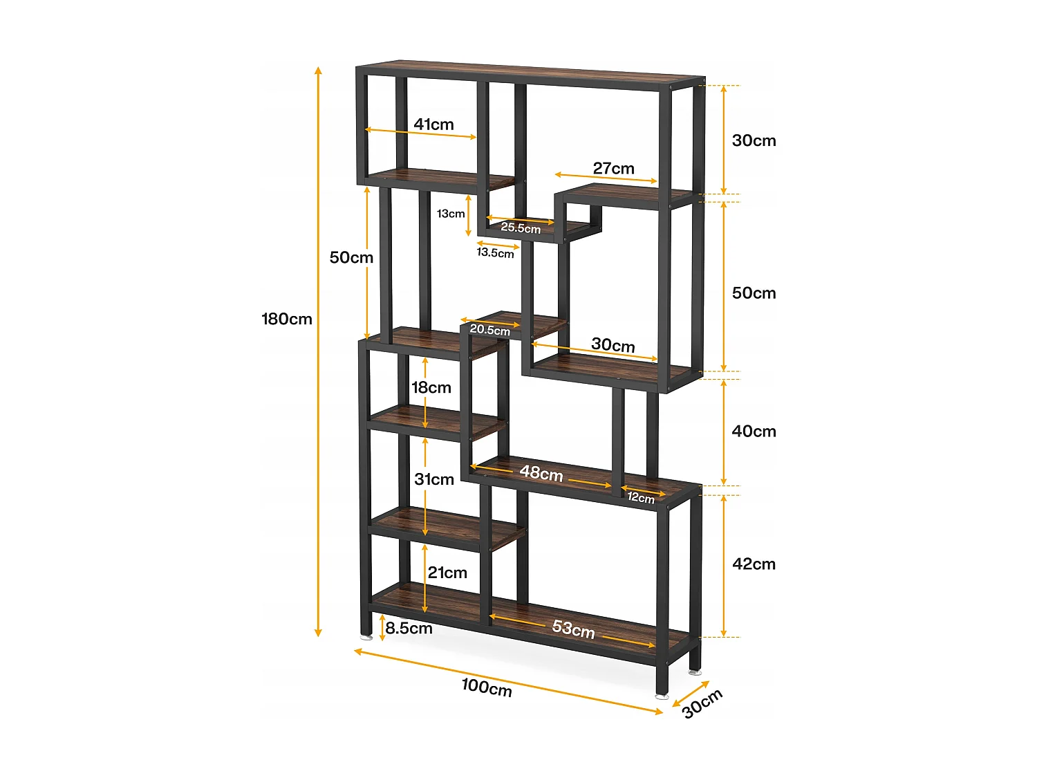 Bibliothèque Industrielle à 7 Niveaux, Bibliothèque de 180 cm de Hauteur, étagère de Rangement Ouverte avec Cadre en métal