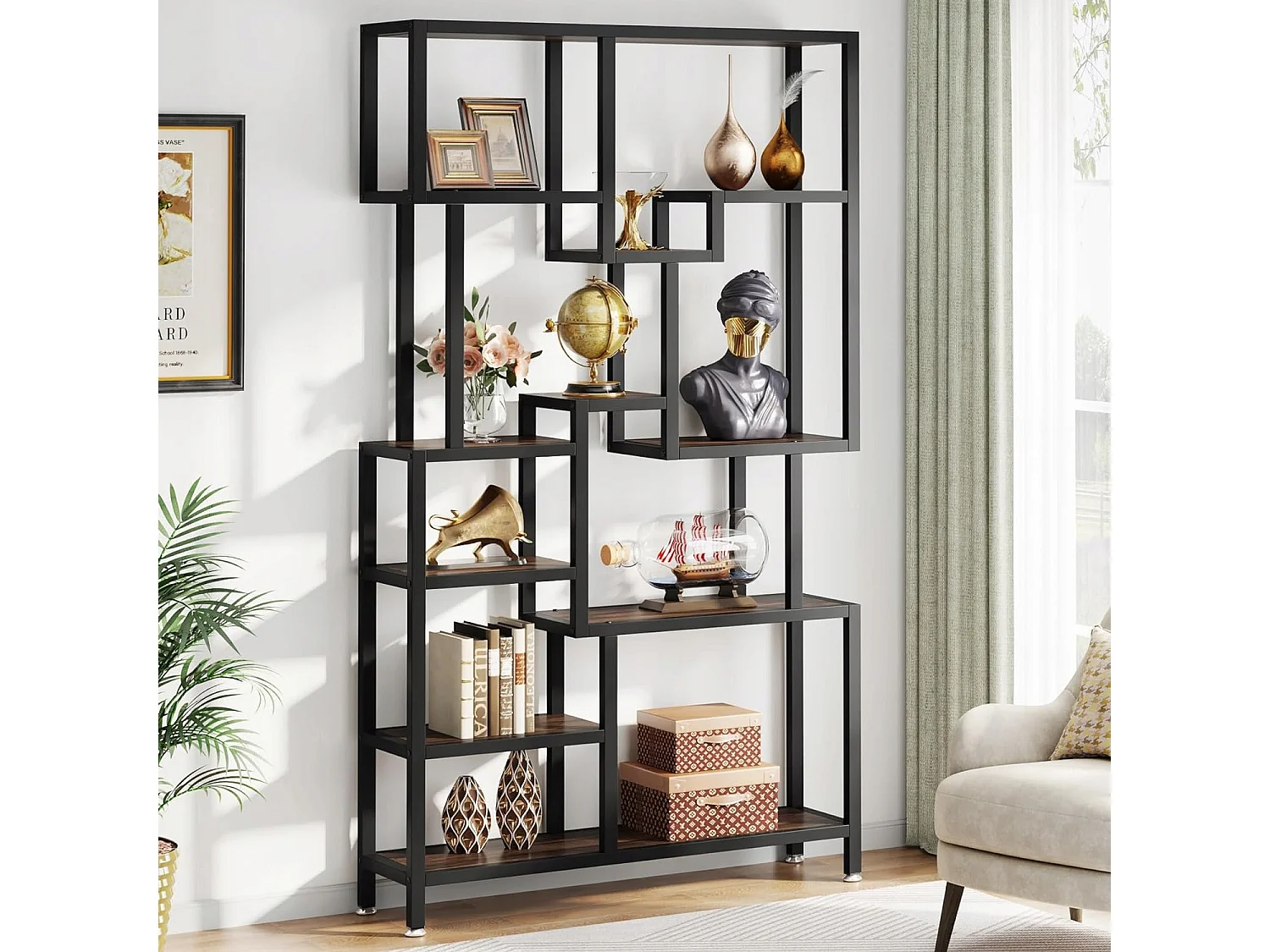 Bibliothèque Industrielle à 7 Niveaux, Bibliothèque de 180 cm de Hauteur, étagère de Rangement Ouverte avec Cadre en métal