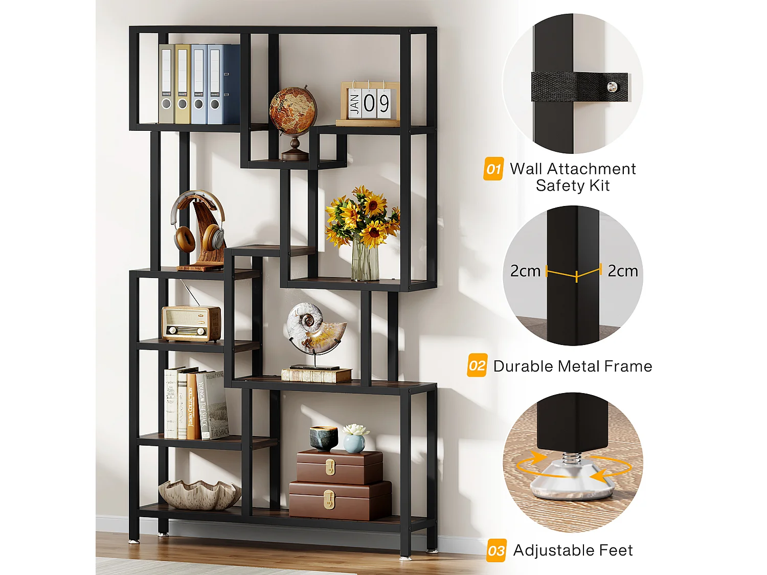 Bibliothèque Industrielle à 7 Niveaux, Bibliothèque de 180 cm de Hauteur, étagère de Rangement Ouverte avec Cadre en métal