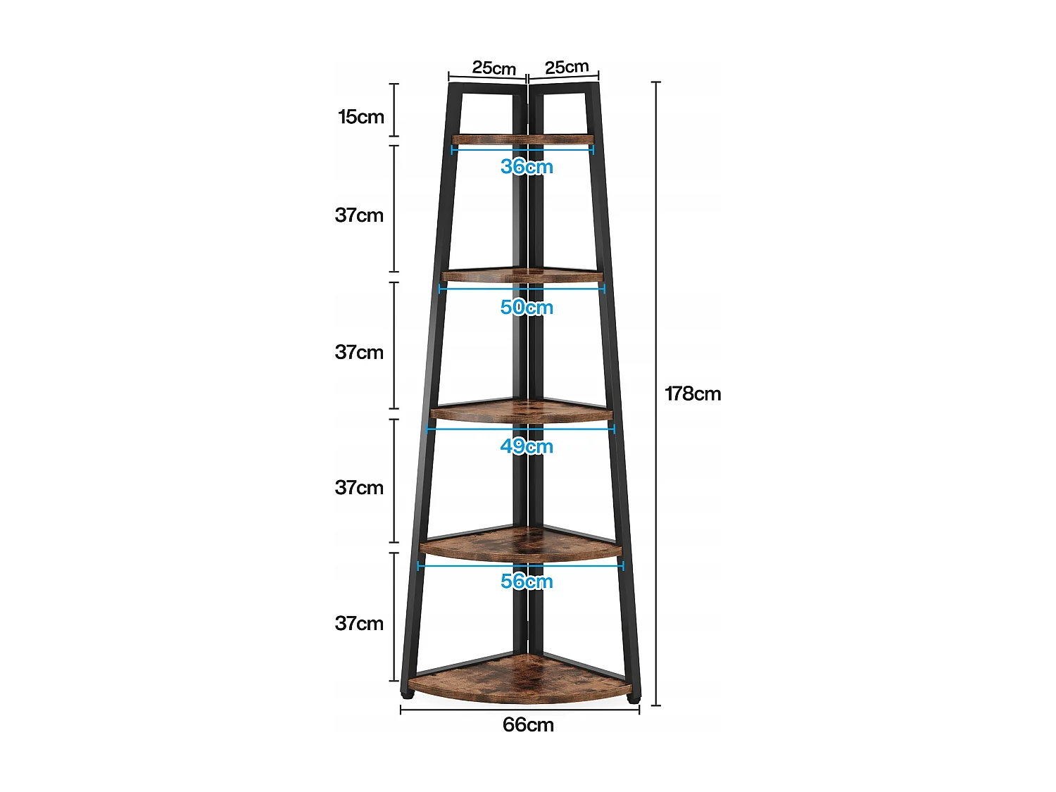 Libreria angolare alta 176 cm - Scaffale angolare rustico a 5 ripiani - Scaffale angolare industriale
