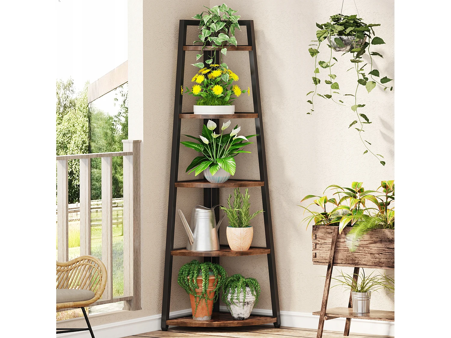 Libreria angolare alta 176 cm - Scaffale angolare rustico a 5 ripiani - Scaffale angolare industriale