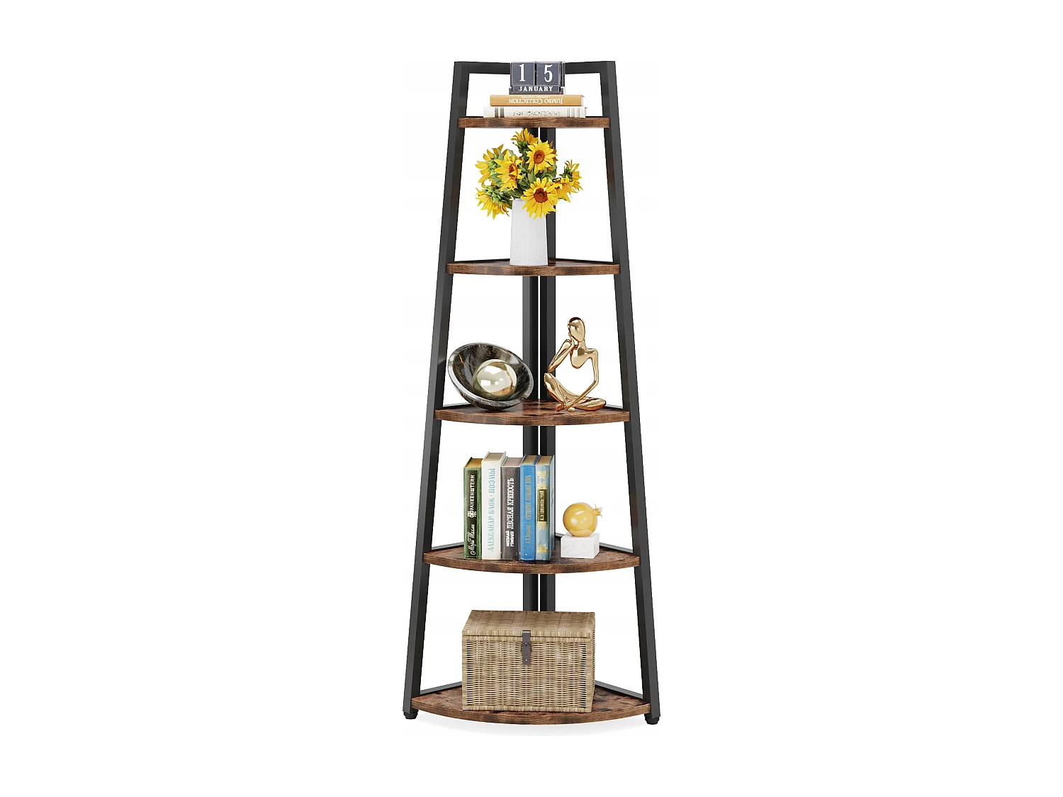 Libreria angolare alta 176 cm - Scaffale angolare rustico a 5 ripiani - Scaffale angolare industriale