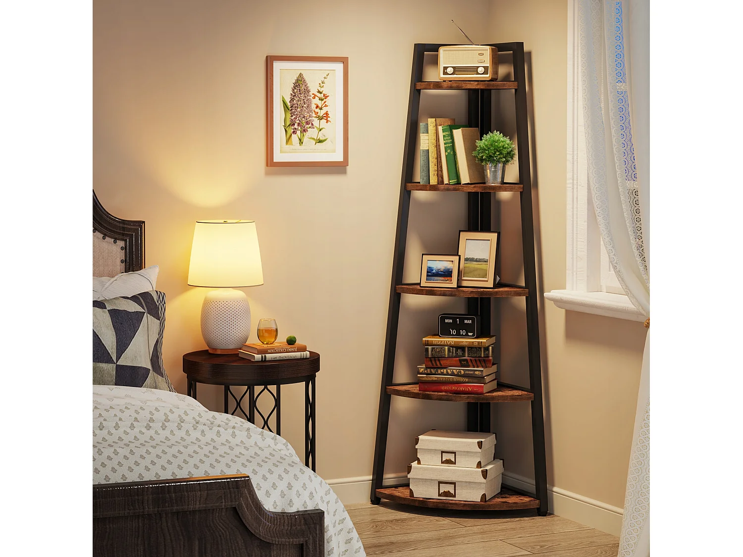 Bibliothèque d'angle de 176 cm de Haut - Étagère d'angle Rustique à 5 Niveaux - Étagère d'angle Industrielle