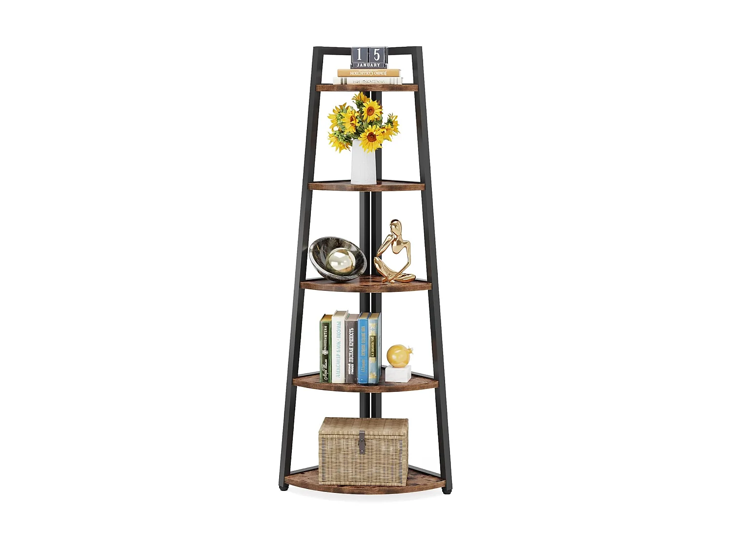 Bibliothèque d'angle de 176 cm de Haut - Étagère d'angle Rustique à 5 Niveaux - Étagère d'angle Industrielle