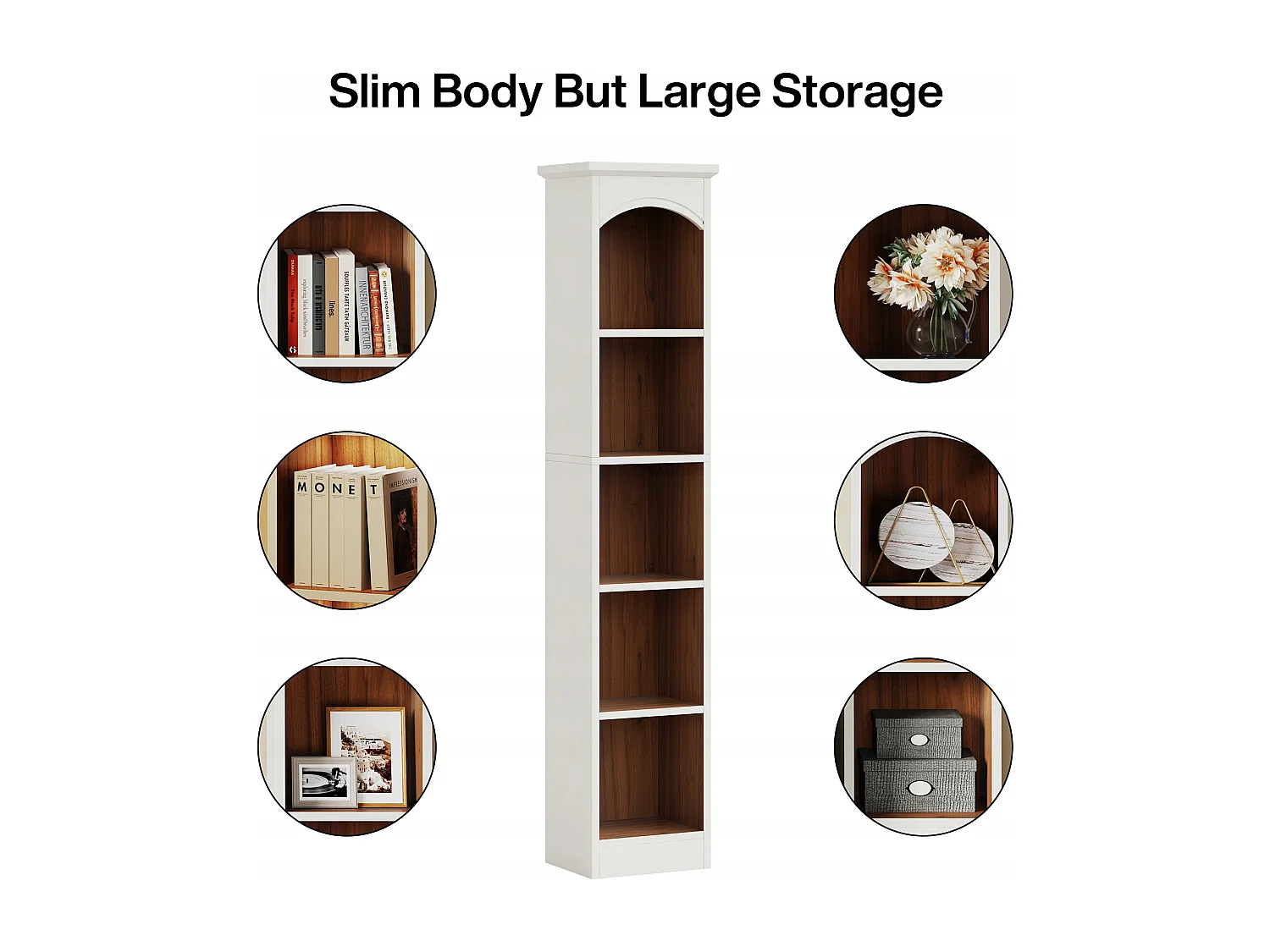 Boekenkast, opbergplank met 5 compartimenten, opbergmeubel met bloemen, 28x32x180cm wit