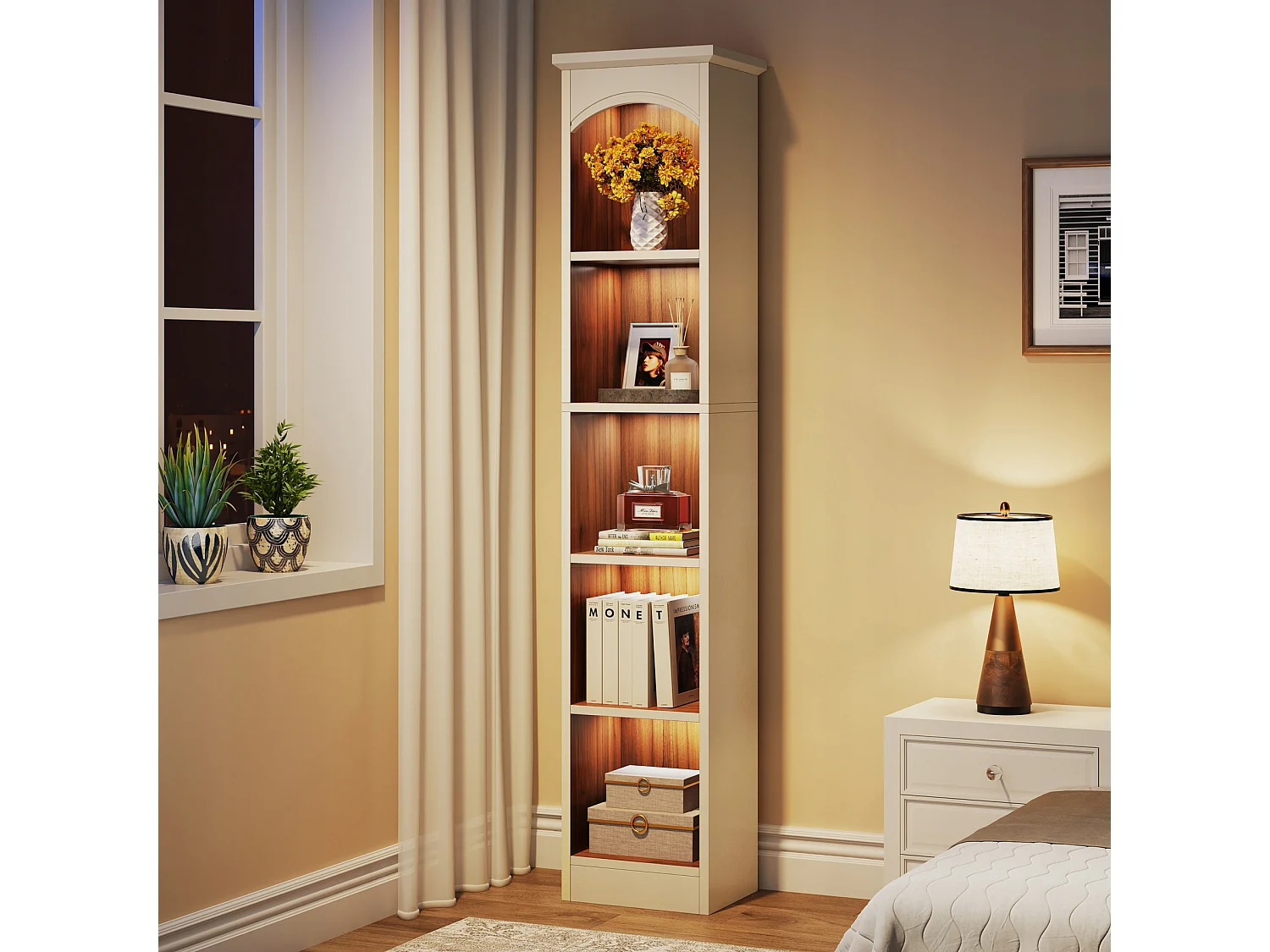 Boekenkast, opbergplank met 5 compartimenten, opbergmeubel met bloemen, 28x32x180cm wit