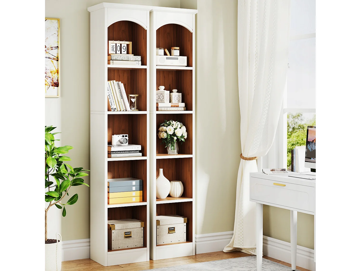 Boekenkast, opbergplank met 5 compartimenten, opbergmeubel met bloemen, 28x32x180cm wit