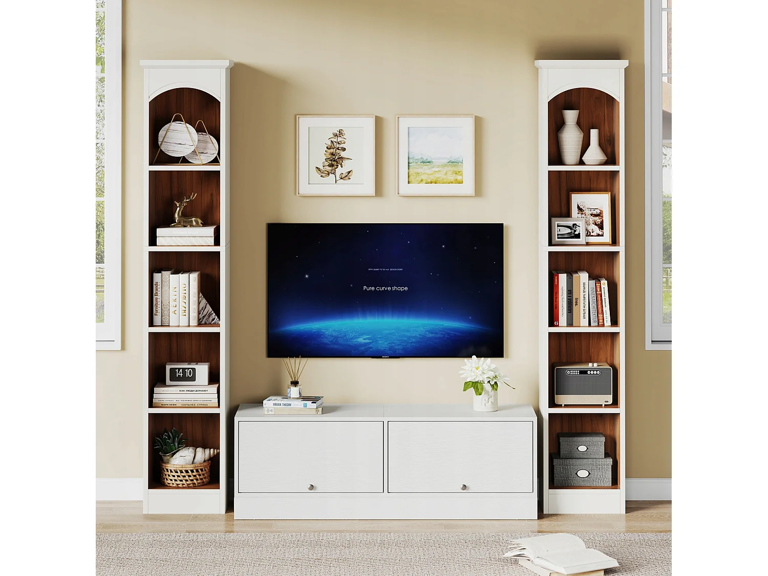 Boekenkast, opbergplank met 5 compartimenten, opbergmeubel met bloemen, 28x32x180cm wit