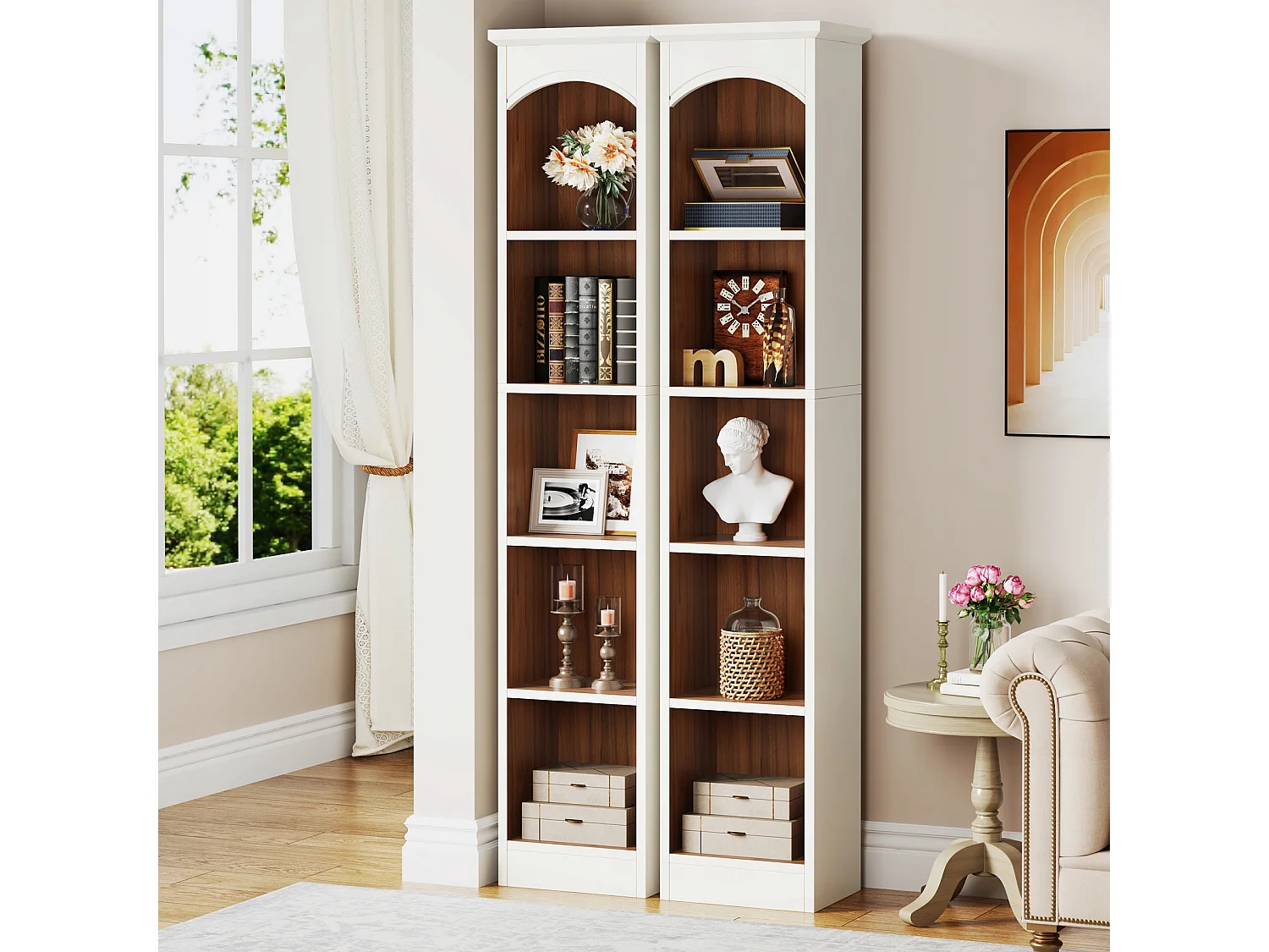 Boekenkast, opbergplank met 5 compartimenten, opbergmeubel met bloemen, 28x32x180cm wit