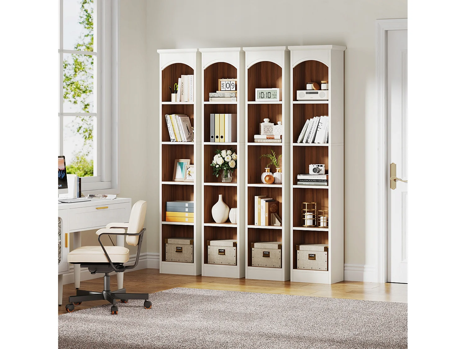 Boekenkast, opbergplank met 5 compartimenten, opbergmeubel met bloemen, 28x32x180cm wit
