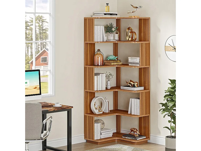 6-laags hoekboekenkast, hoge industriële hoekplank met anti-valpaneel, vrijstaande boekenkast met houtnerf