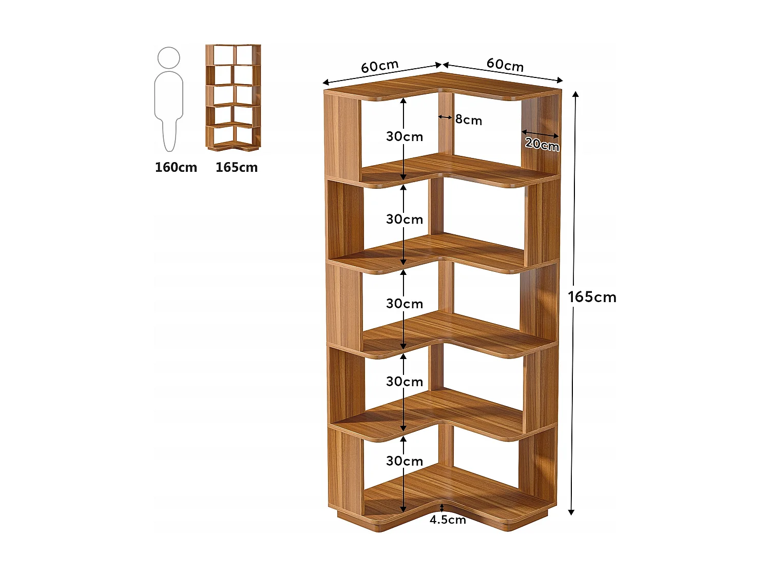 6-laags hoekboekenkast, hoge industriële hoekplank met anti-valpaneel, vrijstaande boekenkast met houtnerf