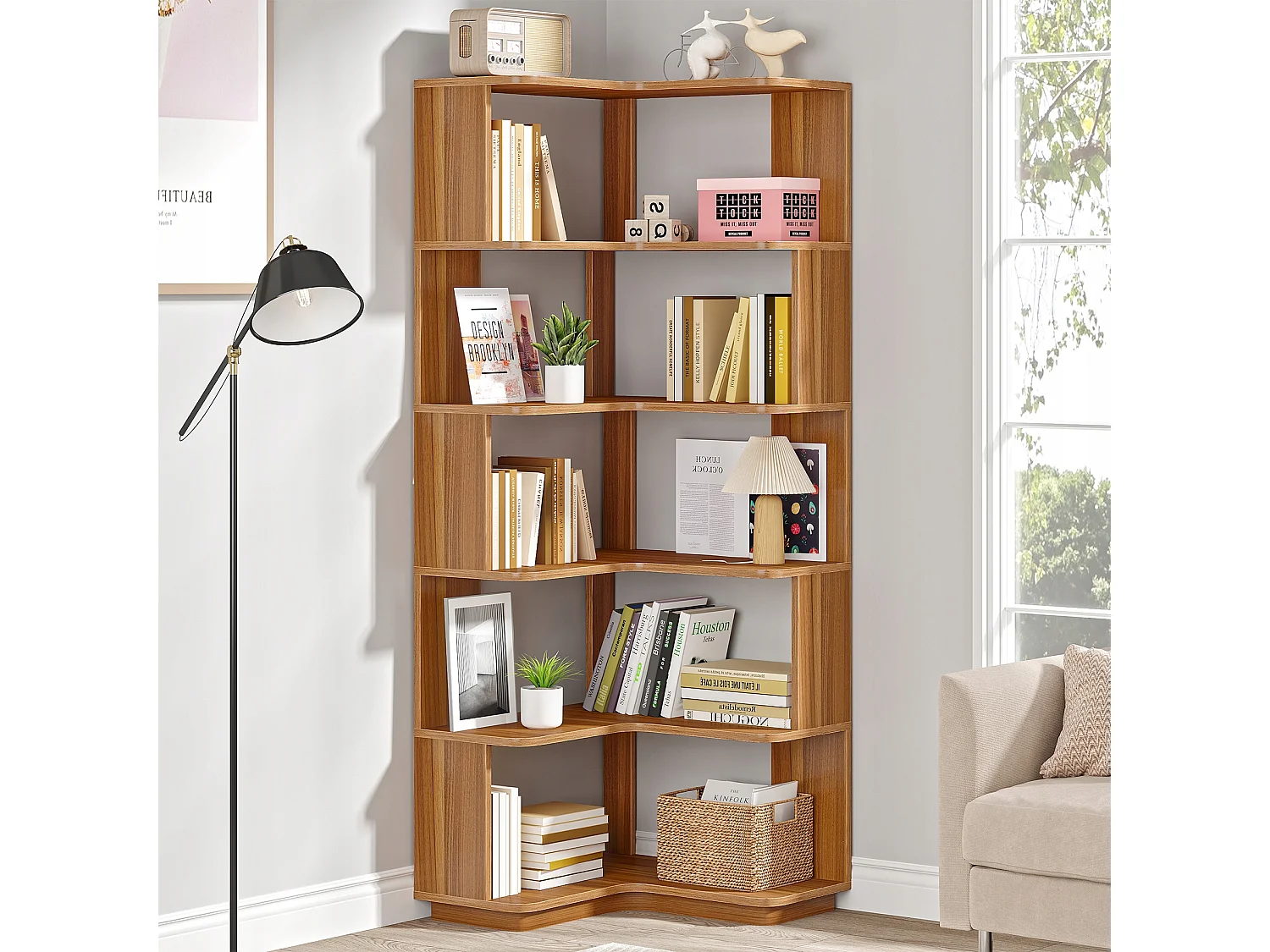 6-laags hoekboekenkast, hoge industriële hoekplank met anti-valpaneel, vrijstaande boekenkast met houtnerf