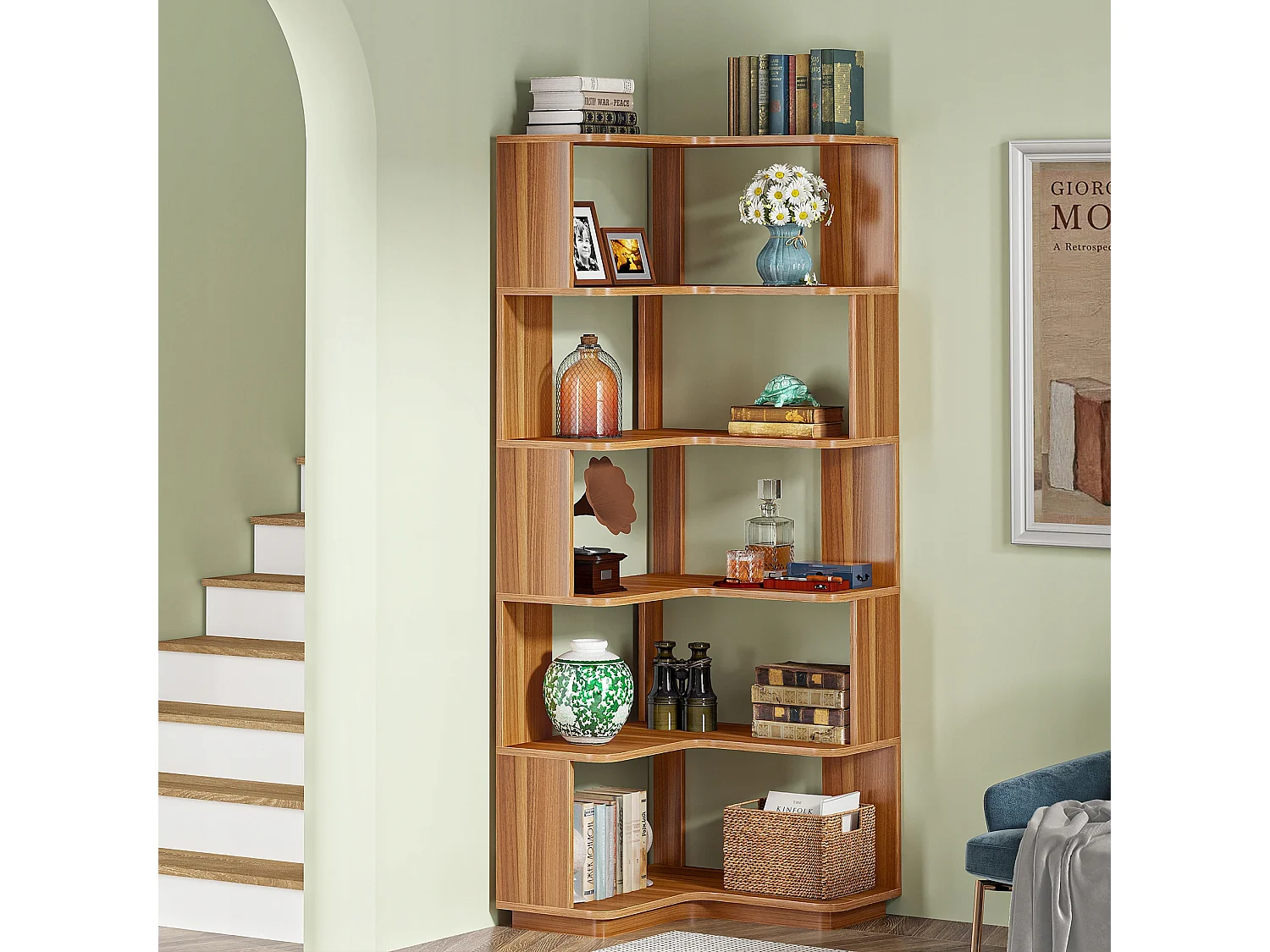 6-laags hoekboekenkast, hoge industriële hoekplank met anti-valpaneel, vrijstaande boekenkast met houtnerf