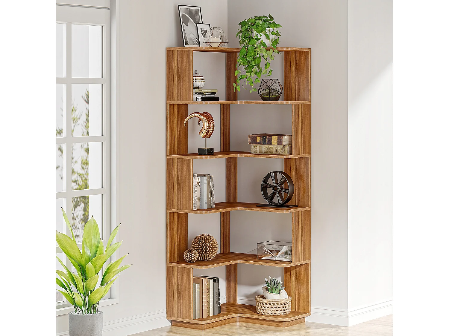6-laags hoekboekenkast, hoge industriële hoekplank met anti-valpaneel, vrijstaande boekenkast met houtnerf