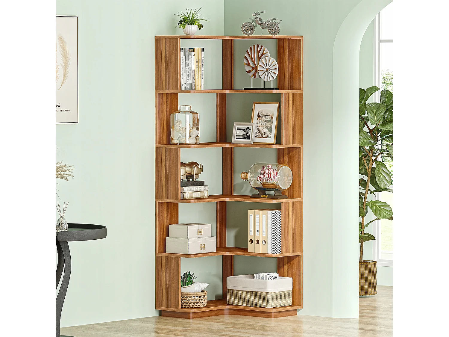 6-laags hoekboekenkast, hoge industriële hoekplank met anti-valpaneel, vrijstaande boekenkast met houtnerf