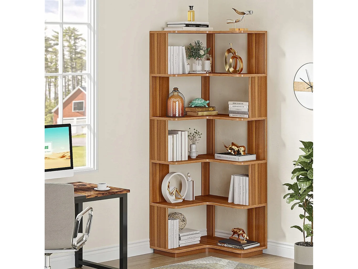 6-laags hoekboekenkast, hoge industriële hoekplank met anti-valpaneel, vrijstaande boekenkast met houtnerf