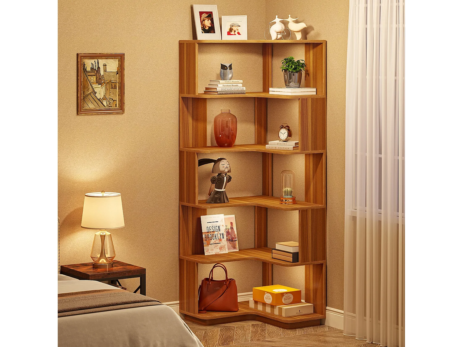 6-laags hoekboekenkast, hoge industriële hoekplank met anti-valpaneel, vrijstaande boekenkast met houtnerf