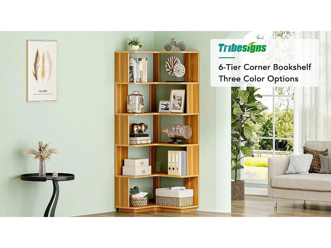 Bibliothèque d'angle à 6 niveaux, étagère d'angle industrielle de haut avec panneau anti-chute, bibliothèque autoportante en grain de bois