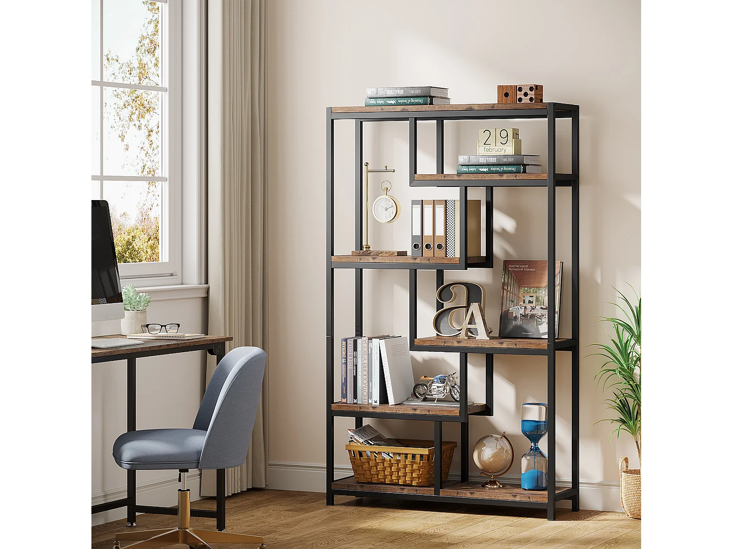 Bibliothèque, Étagère de Rangement à 5 Niveaux, Meuble de Rangement pour Salon, Chambre, Bureau (Brun Rustique)