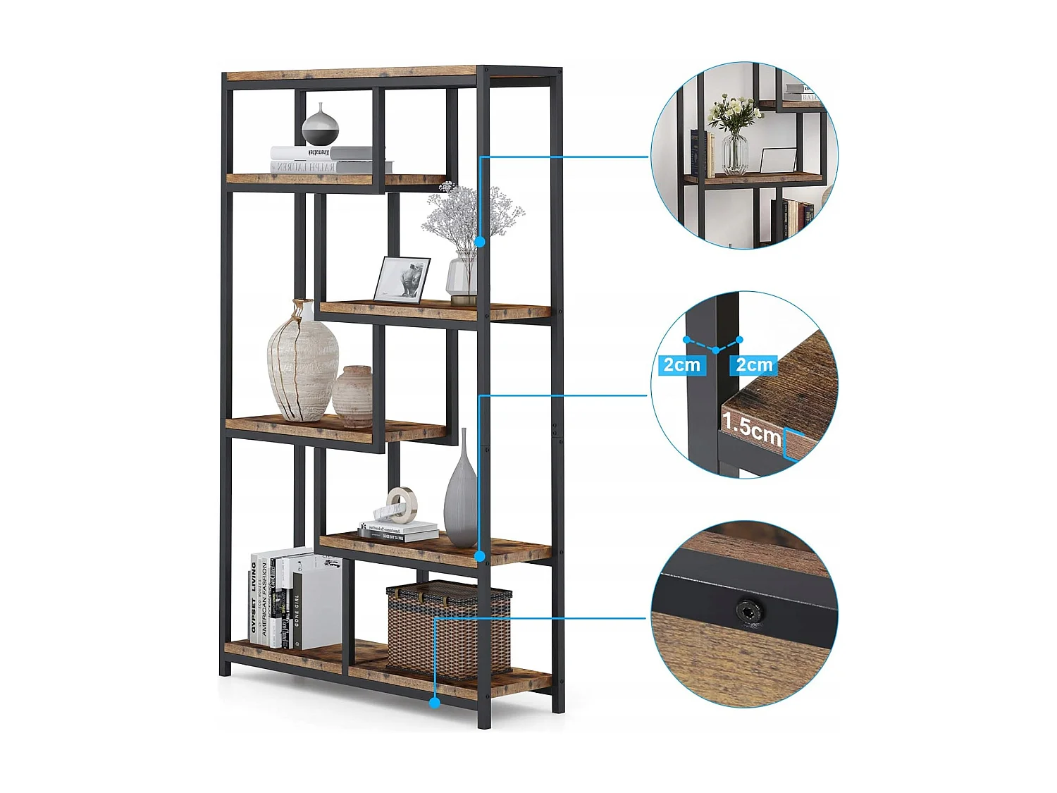 Bibliothèque, Étagère de Rangement à 5 Niveaux, Meuble de Rangement pour Salon, Chambre, Bureau (Brun Rustique)