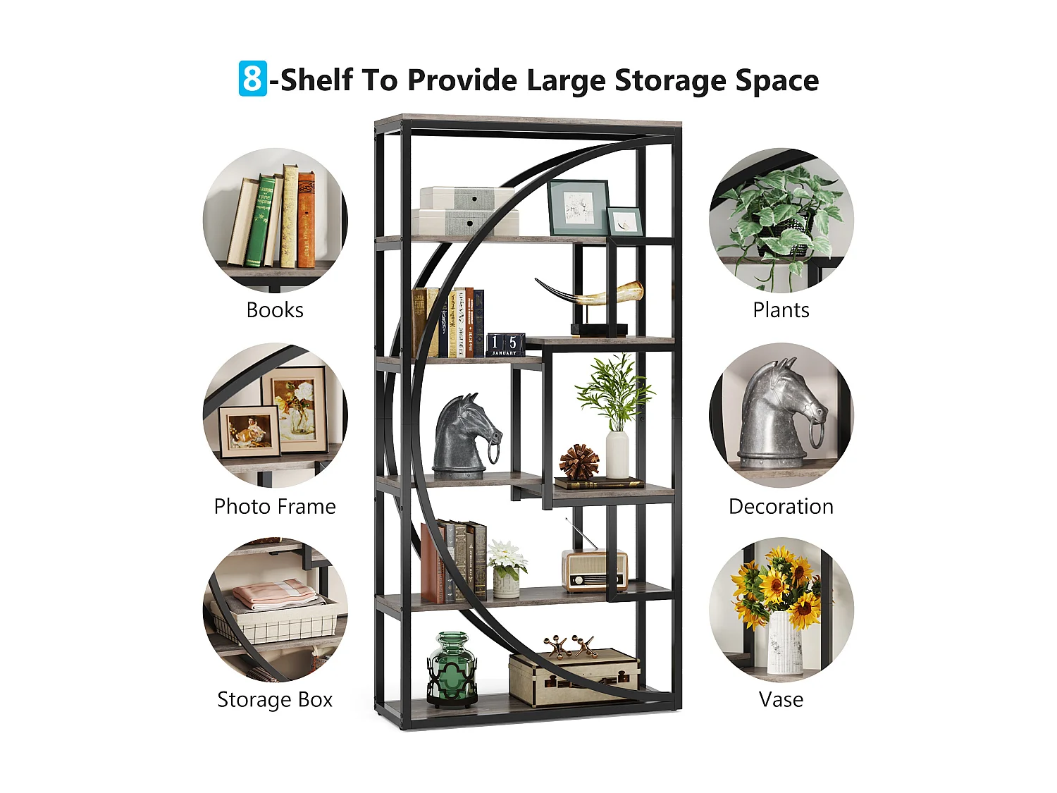 Bibliothèque Industrielle à 5 Niveaux, Bibliothèque de 180 cm de Hauteur avec 8 Étagères de Rangement Ouvertes