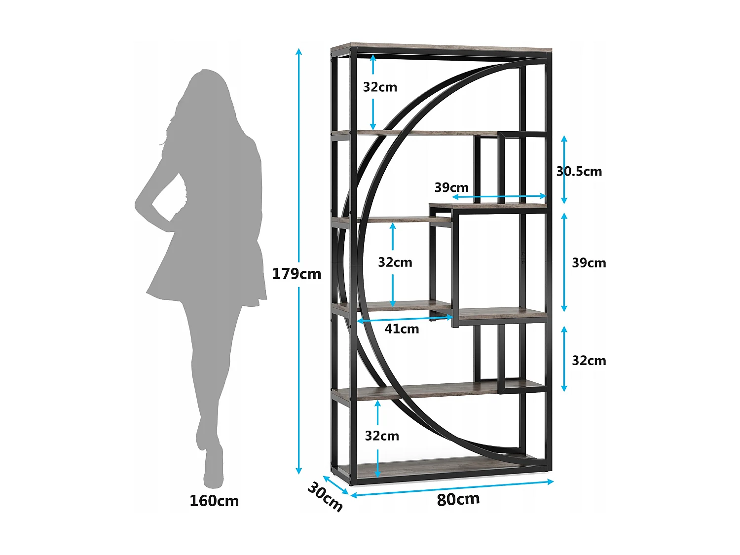 Bibliothèque Industrielle à 5 Niveaux, Bibliothèque de 180 cm de Hauteur avec 8 Étagères de Rangement Ouvertes