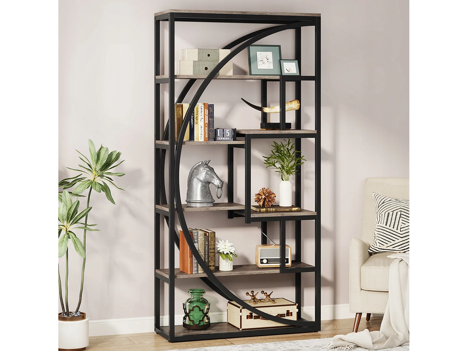 Bibliothèque Industrielle à 5 Niveaux, Bibliothèque de 180 cm de Hauteur avec 8 Étagères de Rangement Ouvertes