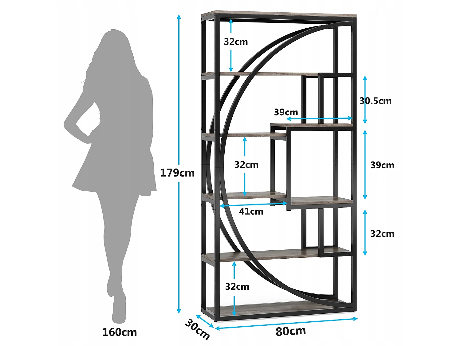 Bibliothèque Industrielle à 5 Niveaux, Bibliothèque de 180 cm de Hauteur avec 8 Étagères de Rangement Ouvertes