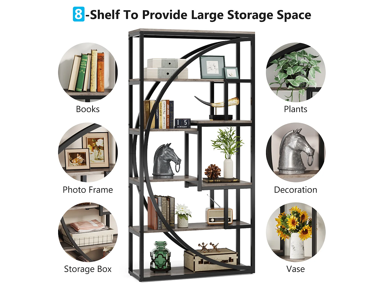 Bibliothèque Industrielle à 5 Niveaux, Bibliothèque de 180 cm de Hauteur avec 8 Étagères de Rangement Ouvertes