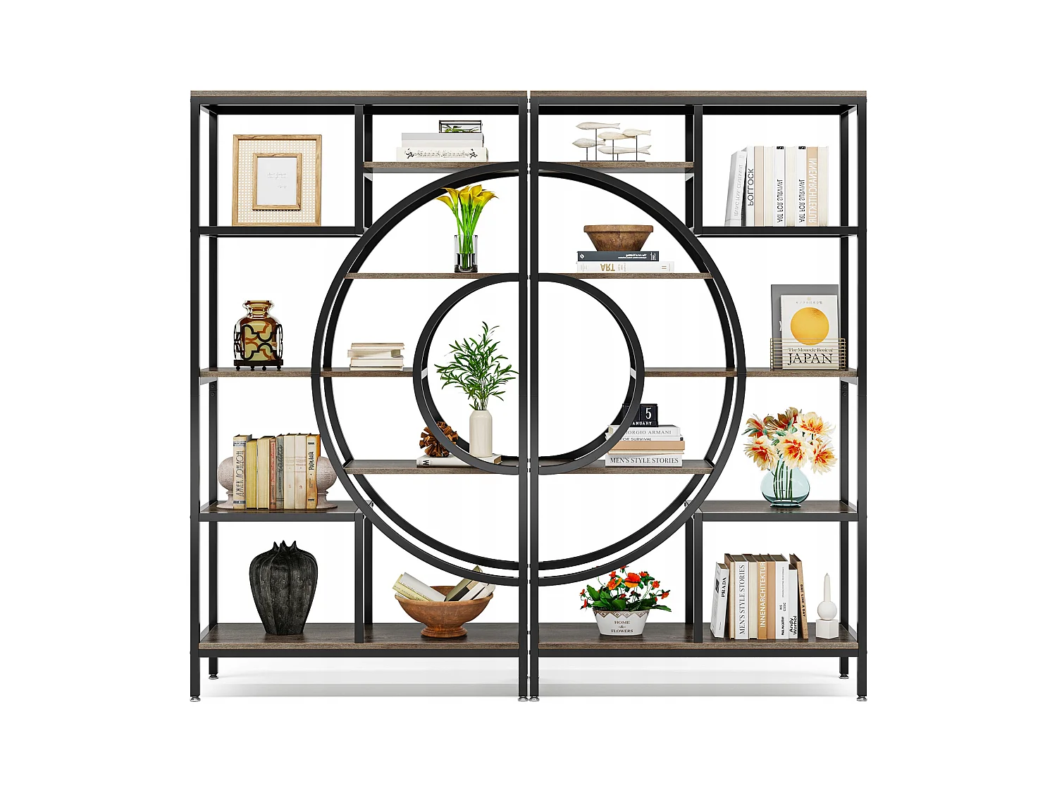Geometryczna biblioteczka, 8-poziomowe półki industrialne, rustykalna biblioteczka z metalową ramą (szara, 1 szt.)