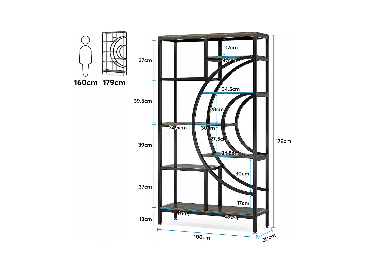 Geometryczna biblioteczka, 8-poziomowe półki industrialne, rustykalna biblioteczka z metalową ramą (szara, 1 szt.)