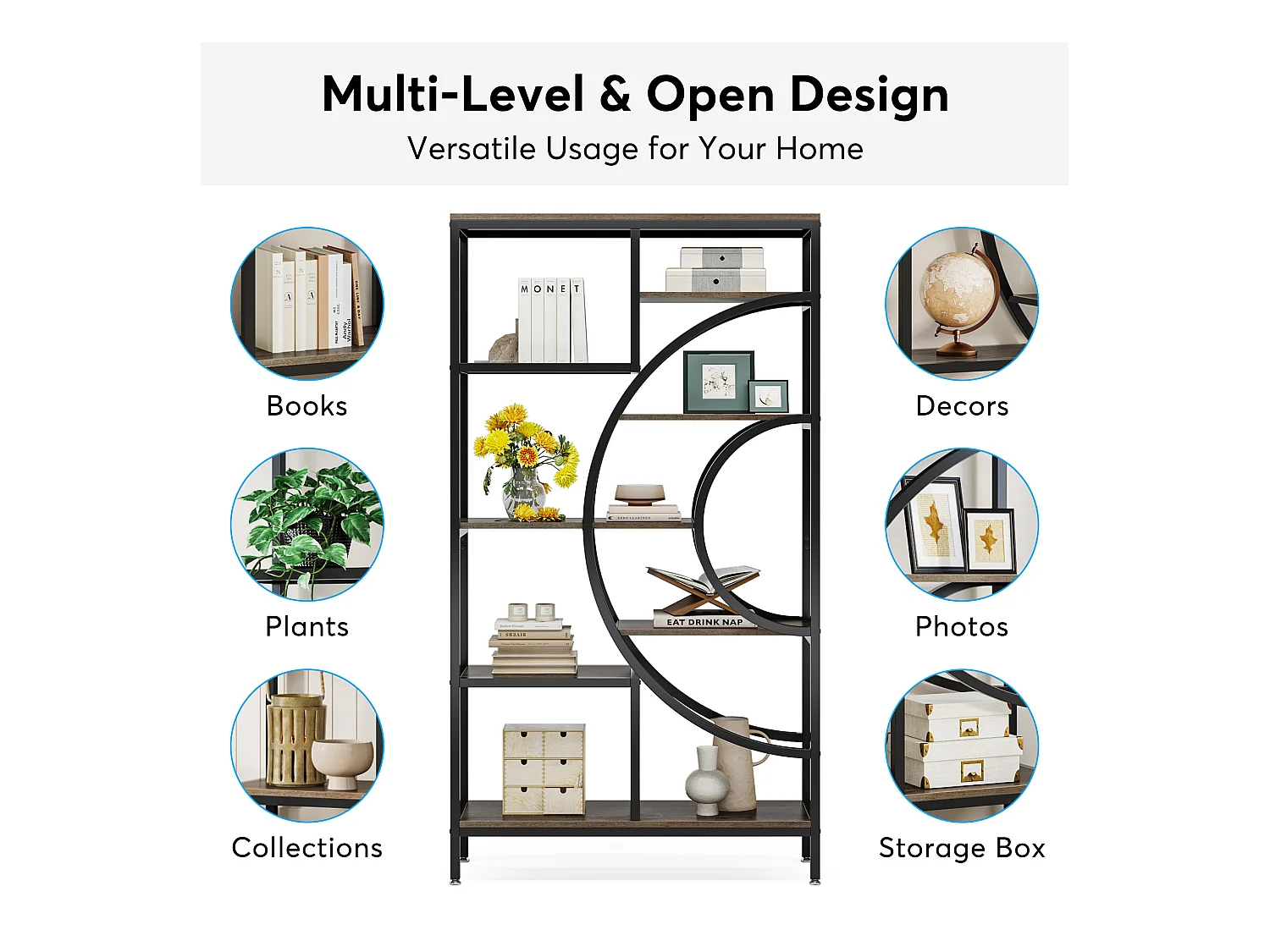 Geometryczna biblioteczka, 8-poziomowe półki industrialne, rustykalna biblioteczka z metalową ramą (szara, 1 szt.)