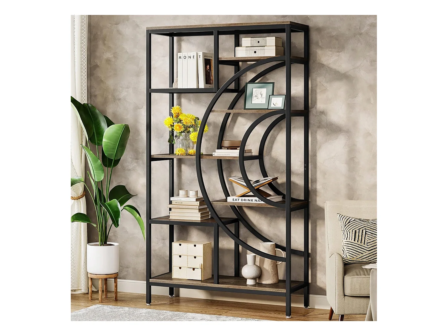 Geometryczna biblioteczka, 8-poziomowe półki industrialne, rustykalna biblioteczka z metalową ramą (szara, 1 szt.)