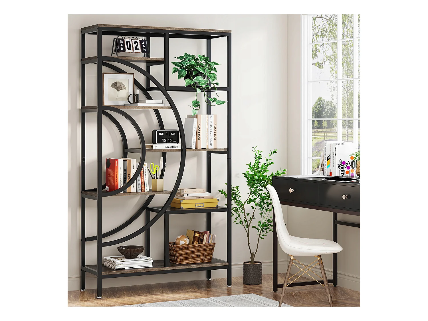 Geometryczna biblioteczka, 8-poziomowe półki industrialne, rustykalna biblioteczka z metalową ramą (szara, 1 szt.)